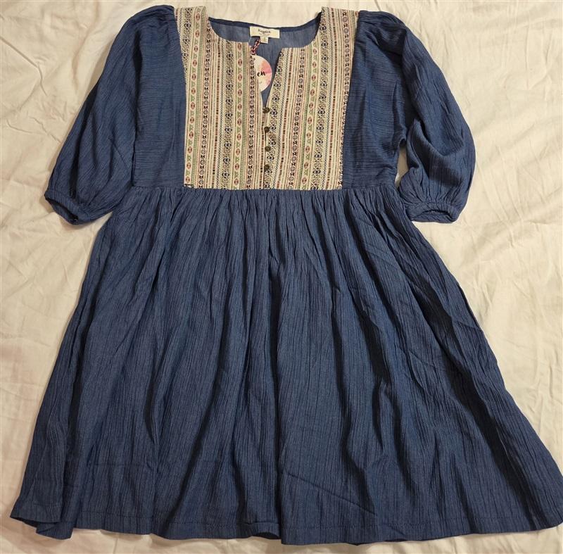 NWT Hayden S Boho Peasant Dress Tapestry Yoke Puff Sleeve Tunic Blue 133031