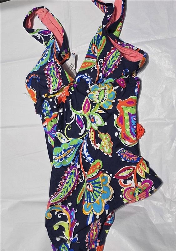 NWT Anne Cole 6 PAISLEY POM PLUNGE Deep V 1PC Swimsuit 133055