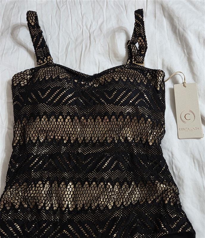 NWOT Cosita Linda S Black Gold Lace 1pc Swimsuit Tummy Control 133073
