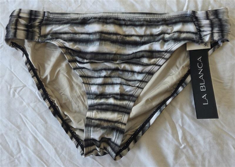 NWT La Blanca 12 Grey & White Stripe Ruched-Waist Hipster Bikini Bottom 133080