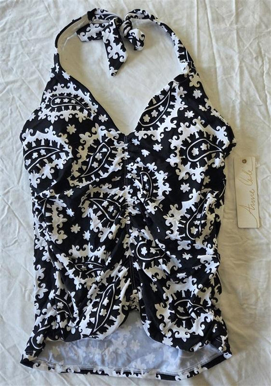 NWTD Anne Cole M PAISLEY Black White HALTER TANKINI 133081