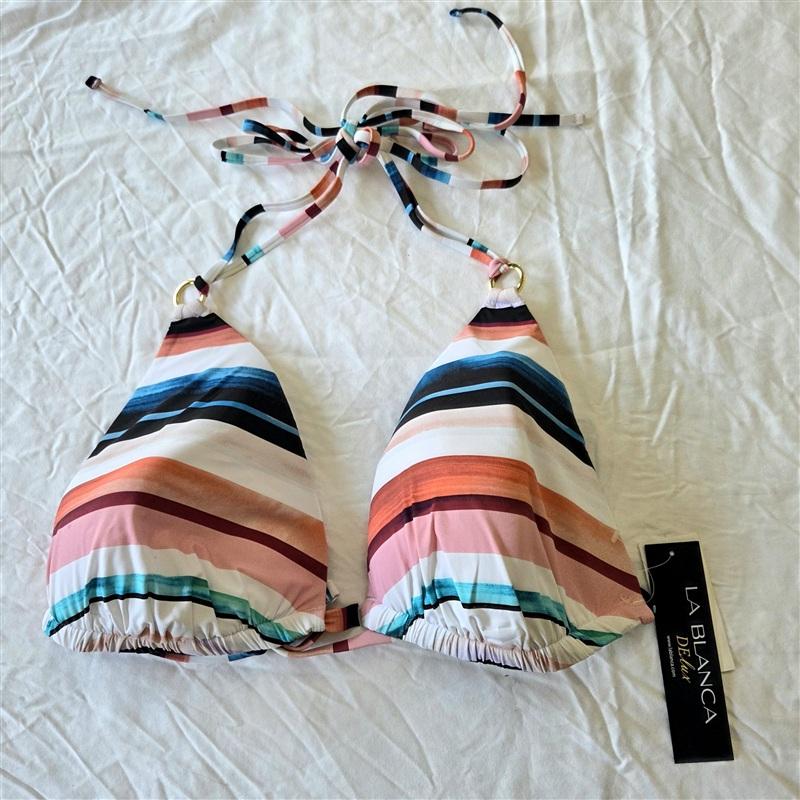 NWT La Blanca Island Goddess 38DD Stripe Halter Triangle Bikini Swim Top 133114