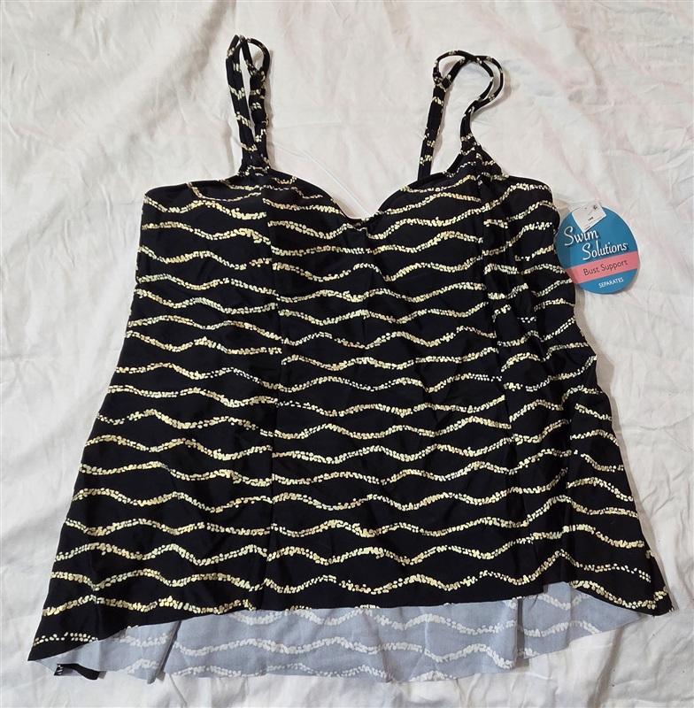 NWOT Swim Solutions Black Diamond SZ 10 Shirred Tankini Swim Top #99860
