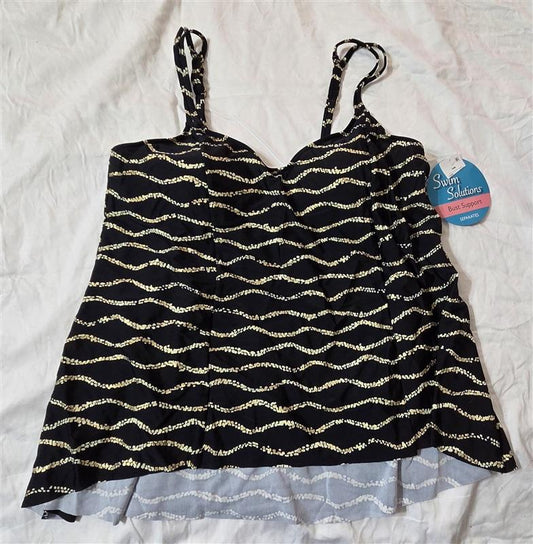 NWOT Swim Solutions Black Diamond SZ 10 Shirred Tankini Swim Top #99860