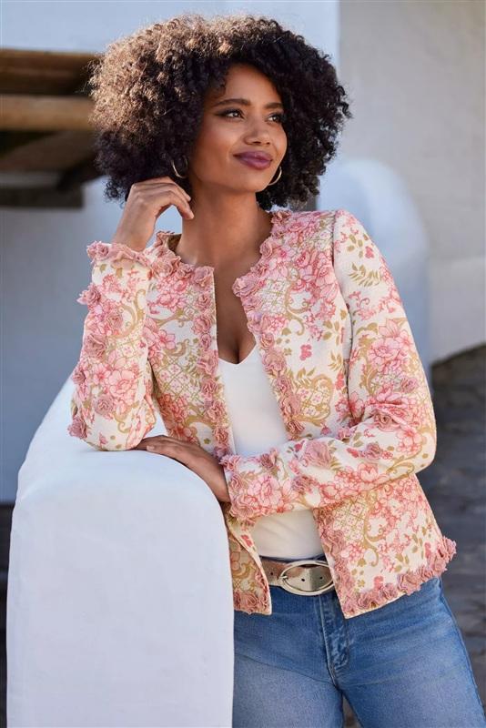 NWOT Boston Proper 14 Pink Floral Sparkle Status Print 3D Floral Jacket 133280
