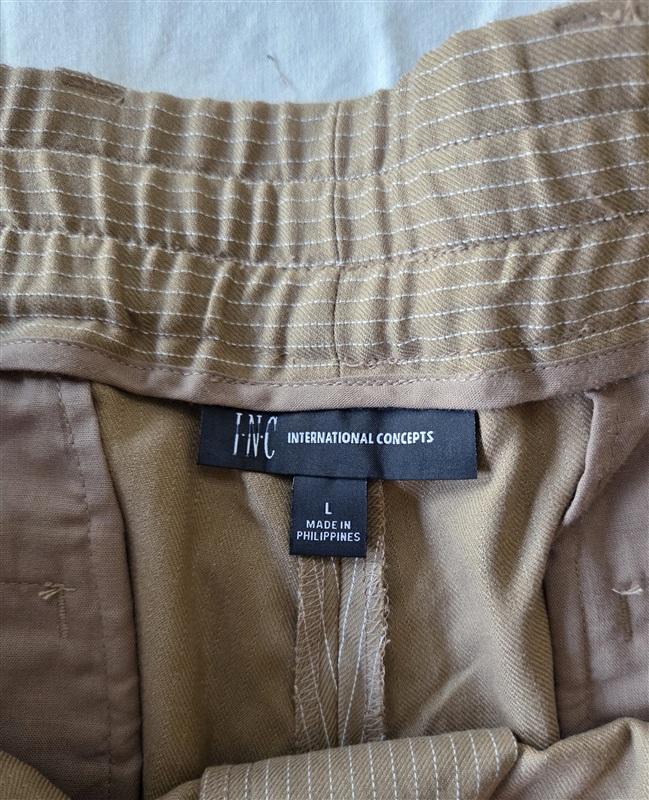 NWOT INC LG Pinstripe Tan Elastic Waist Button Up Pants 133285