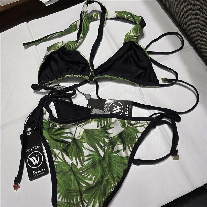 NWT WILDFOX M Palm Leaf Halter Top & tie Bikini Bottoms Reversible Swim 133396