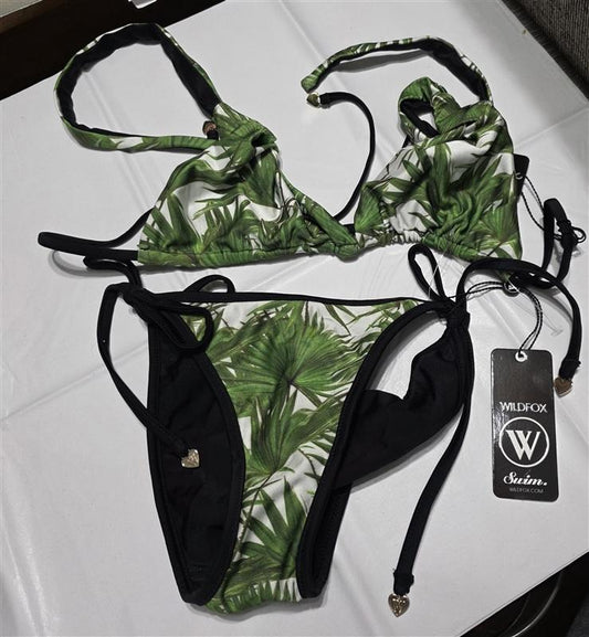 NWT WILDFOX M Palm Leaf Halter Top & tie Bikini Bottoms Reversible Swim 133396