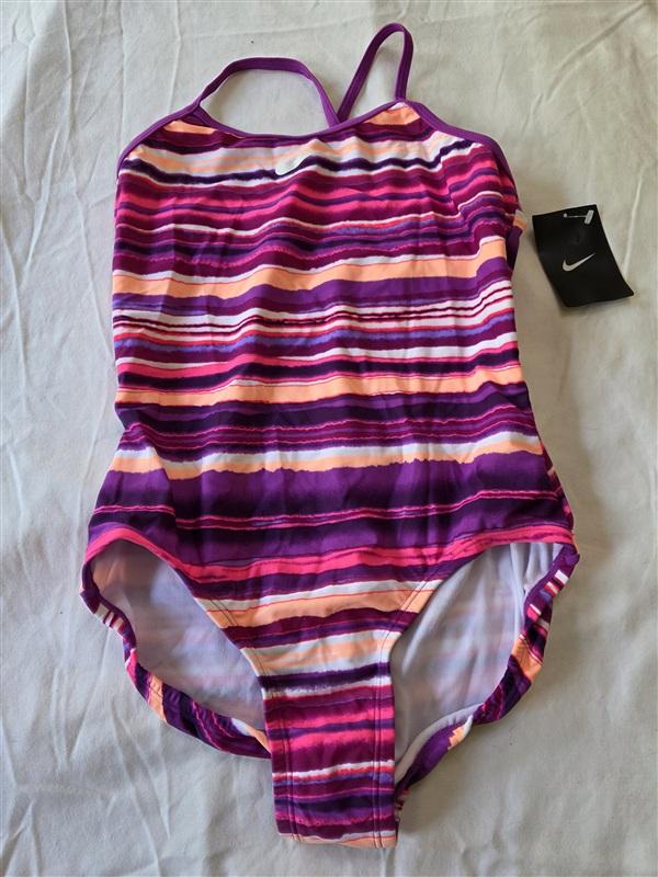 NWT Nike 14 Girl Cross Back Striped 1PC Swimsuit Purple Striped 133488