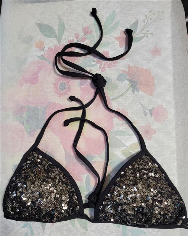 NWOT H&M Sequin M Bikini Swim Top Black Silver 133492
