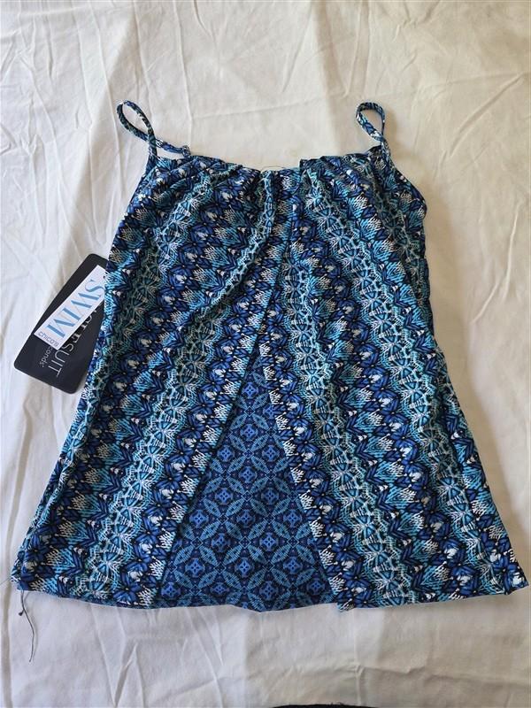 NWT Miraclesuit Chico's 8 Tankini Top Aqua & Blue Pleated 133504