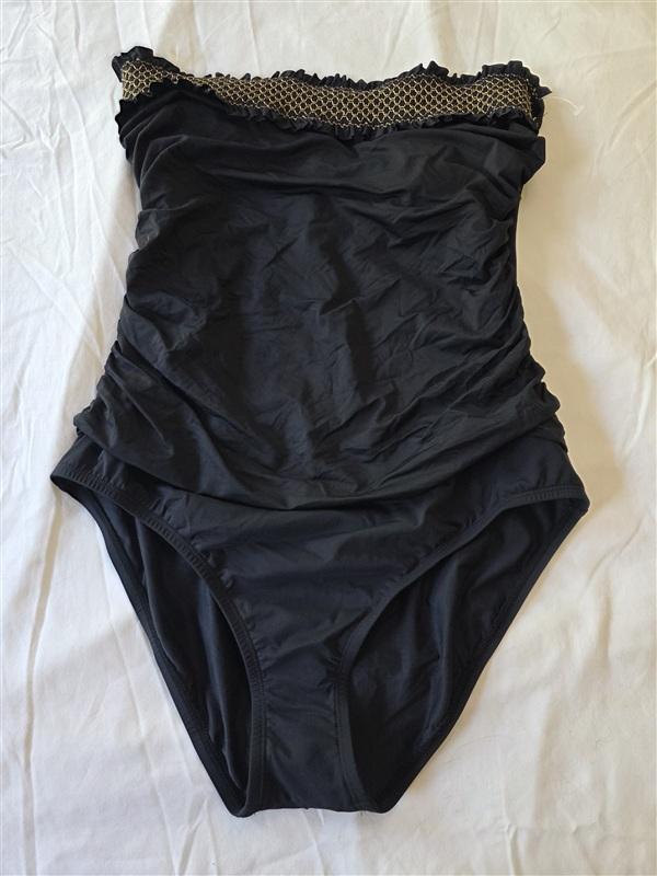NWT Bleu Rod Beattie 14 Black Gold Smocked Bandeau 1pc Swimsuit 133507