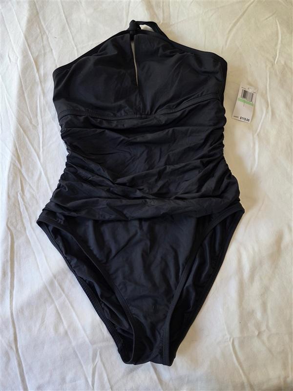 NWT Bleu by Rod Beattie 8 Hi Neck Keyhole 1PC Black Swimsuit 133522