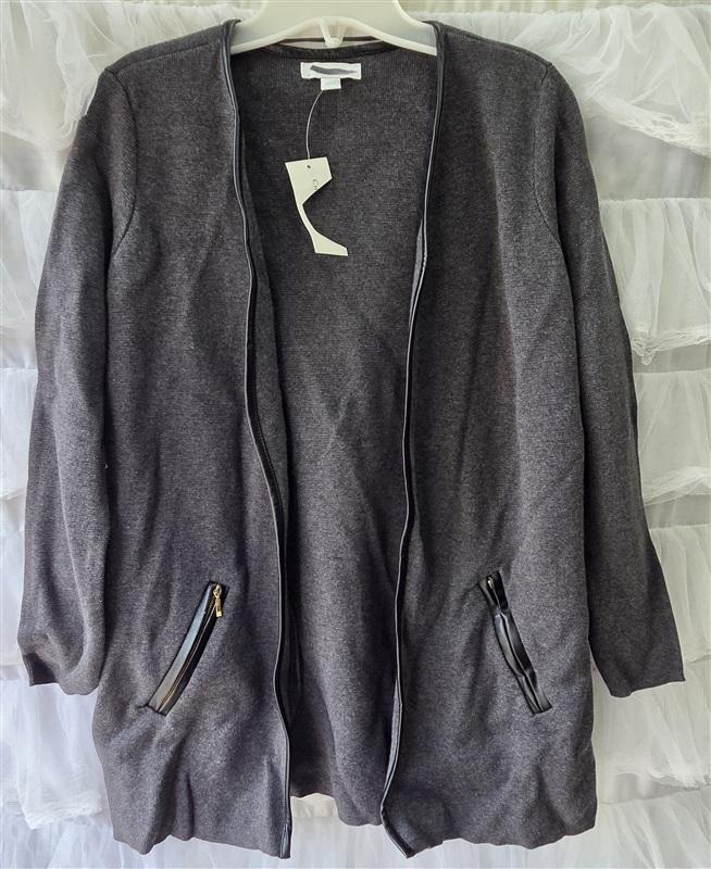 NWT Charter Club PP XS Charcoal & Black Leather Trim Cardigan 133534