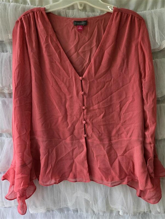 NWOT VInce Camuto M Button Up V Neck Peplum Flutter Sleeves Coral Pink 133538