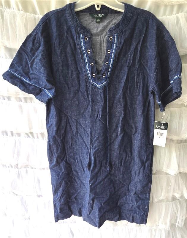 NWT Ralph Lauren 2 Denim Lace Up Embroidery Sheath Dress 133545