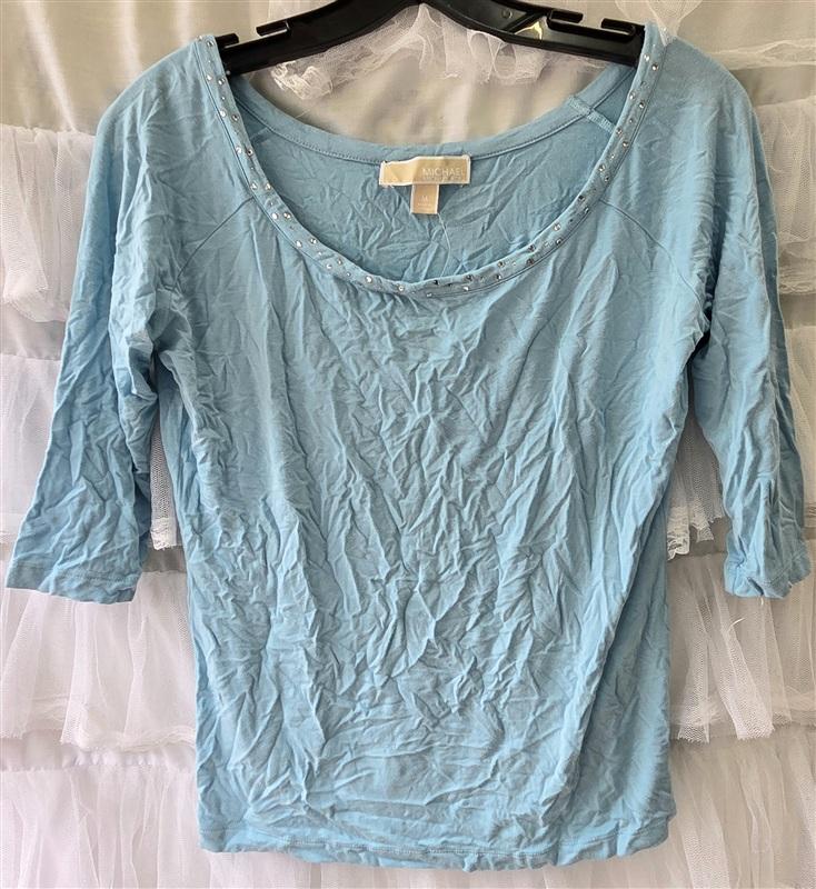 NWT Michael Kors M Boat Neck Rhinestone Blouse Shirt Top Blue 133546