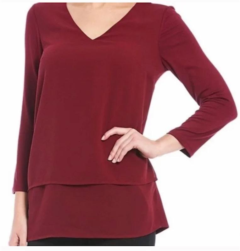 NWT Michael Kors XL V Neck Woven Layered Hem Blouse Top Green 133547