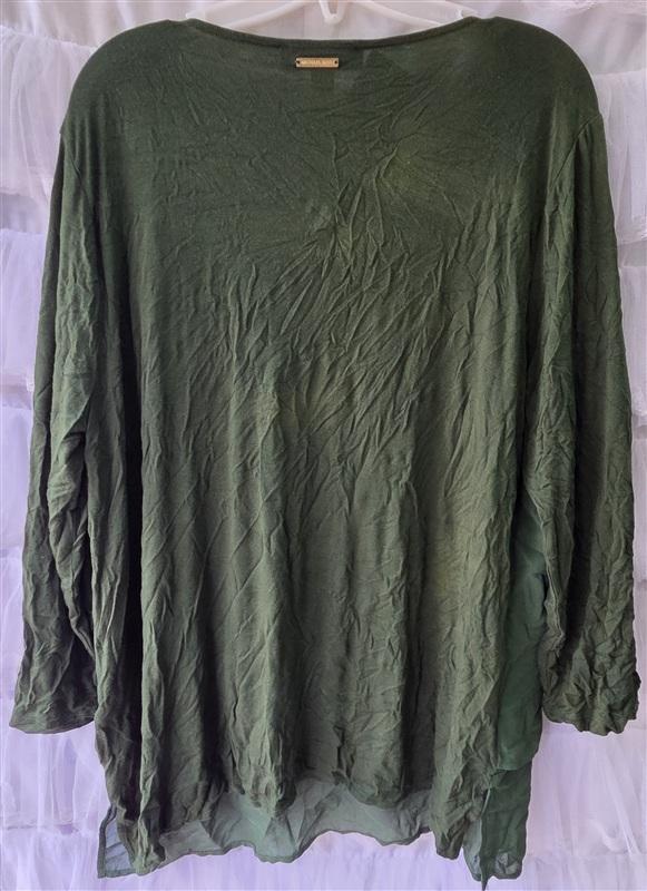 NWT Michael Kors XL V Neck Woven Layered Hem Blouse Top Green 133547