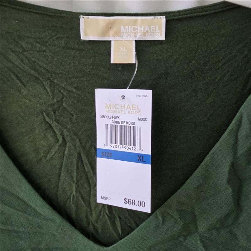 NWT Michael Kors XL V Neck Woven Layered Hem Blouse Top Green 133547