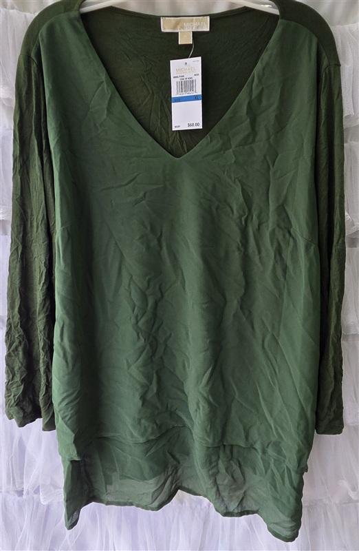 NWT Michael Kors XL V Neck Woven Layered Hem Blouse Top Green 133547