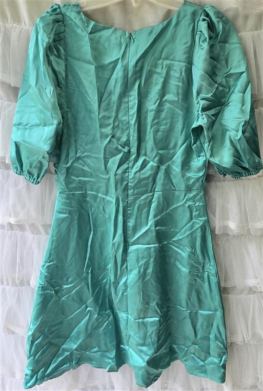 NWOT LaLaVon S Puff Sleeve Y2K Satin Mini Dress Teal Green 133551