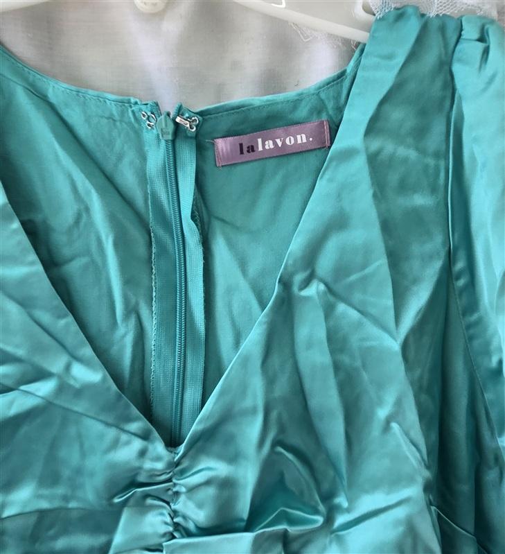NWOT LaLaVon S Puff Sleeve Y2K Satin Mini Dress Teal Green 133551