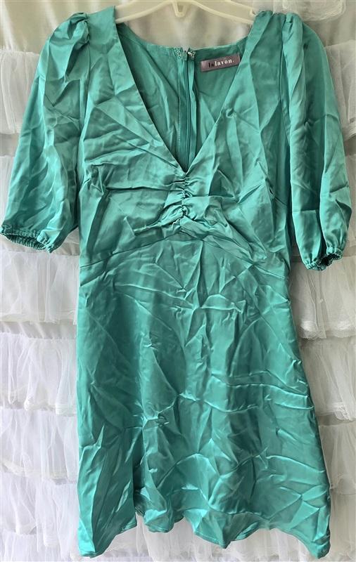 NWOT LaLaVon S Puff Sleeve Y2K Satin Mini Dress Teal Green 133551