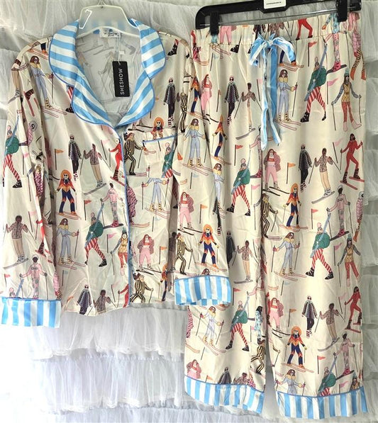 NWT SheShow XL Satin Women Snow Skiing Sleepwear Lounge Pajama Set 13355