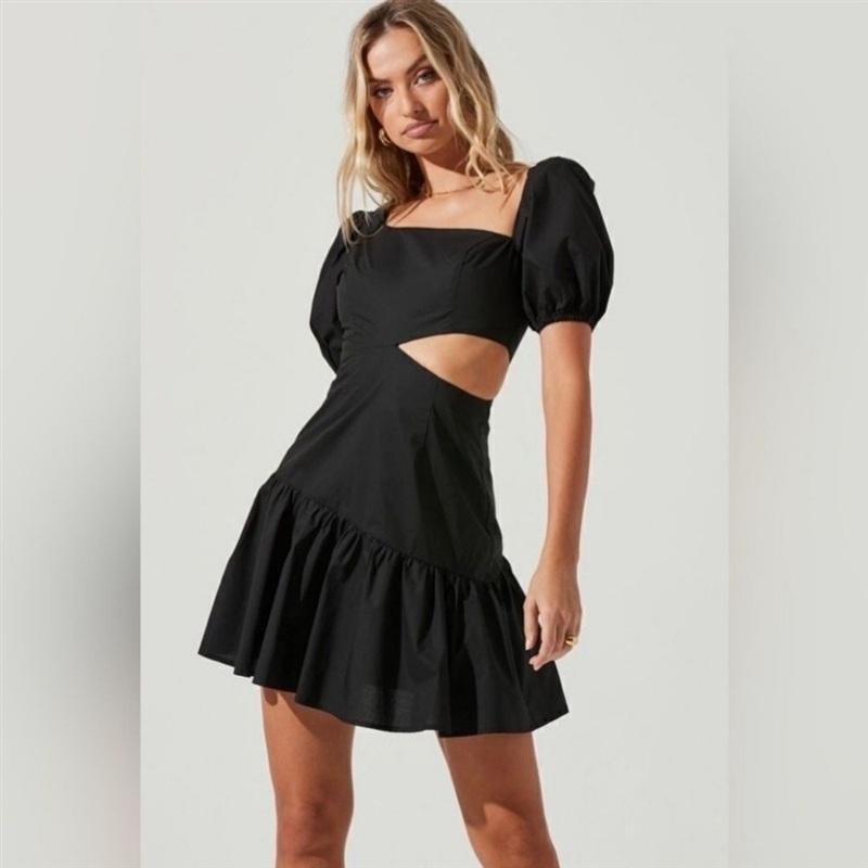 NWOT ASTR XS Mayfair Side Cut Out Puff Sleeve Cocktail Mini Dress Black 133561
