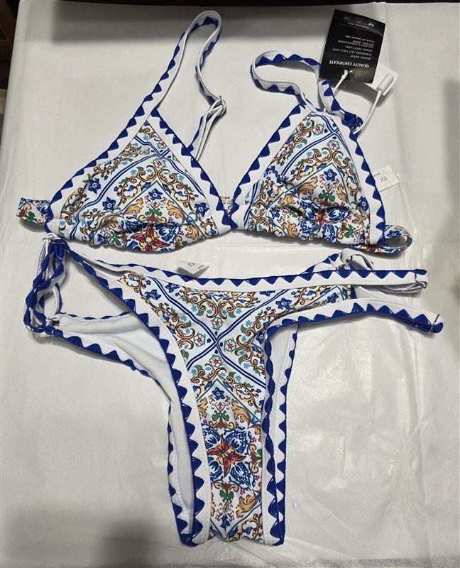 NWT Bikinx Baroque XS Blue White Embroidered Bikini Set Top Bottom 133608