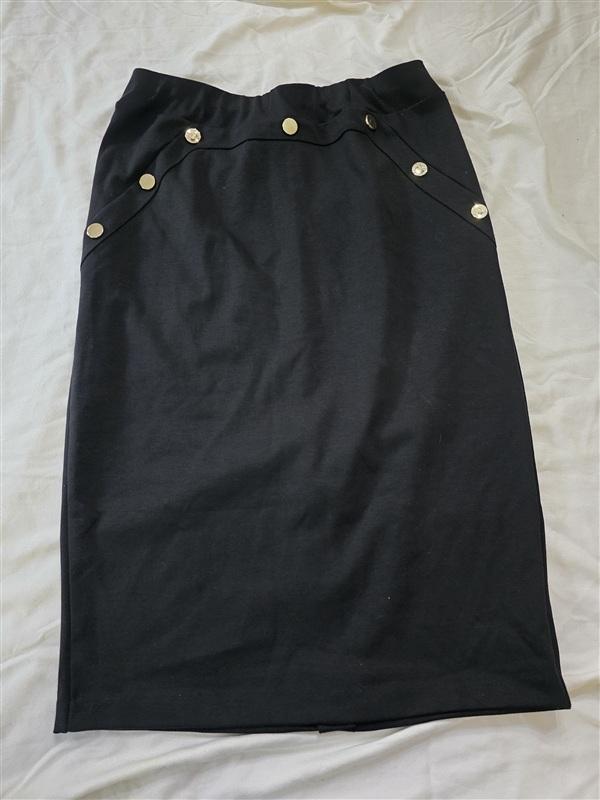 NWOT INC M Pencil Work Skirt Long Black Buttons 133627