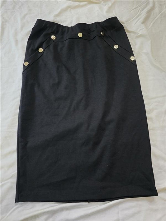 NWOT INC M Pencil Work Skirt Long Black Buttons 133627