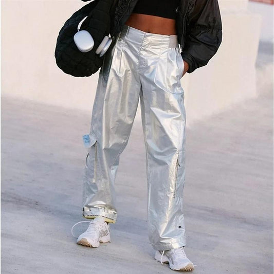 NWT Free People L FP Movement Mesmerize Me Shine Pants Silver 133633