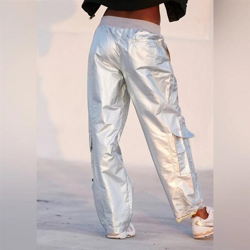 NWT Free People L FP Movement Mesmerize Me Shine Pants Silver 133633