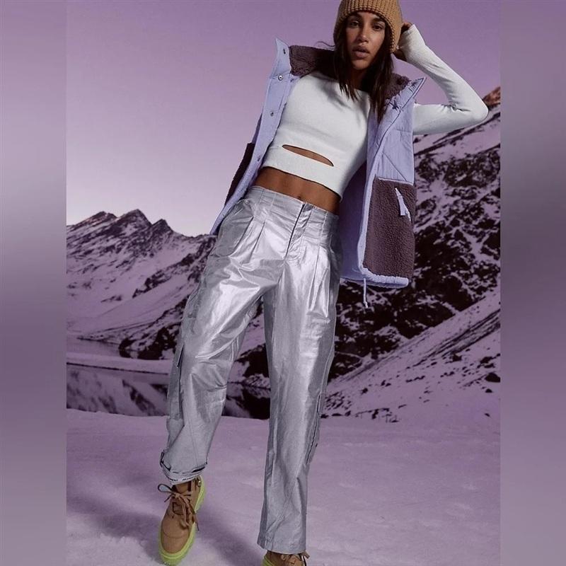 NWT Free People L FP Movement Mesmerize Me Shine Pants Silver 133633