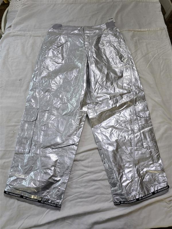 NWT Free People L FP Movement Mesmerize Me Shine Pants Silver 133633