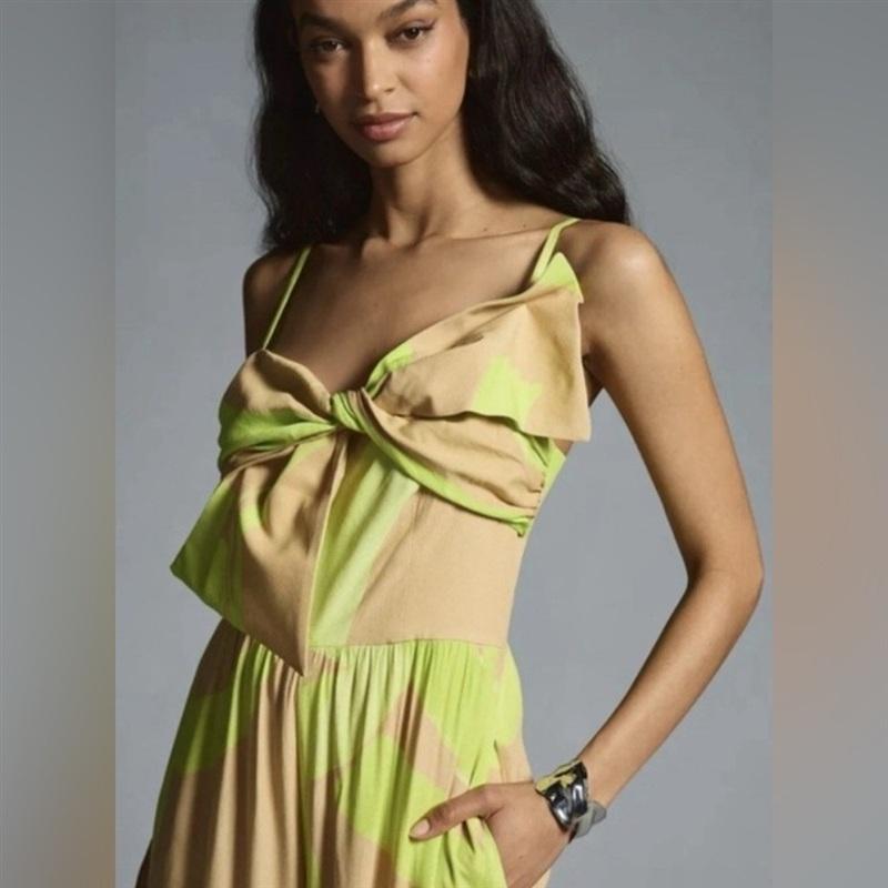 NWOT Anthropologie Hutch 10 Bow Front Wide Leg Jumpsuit tan/lime green 133649
