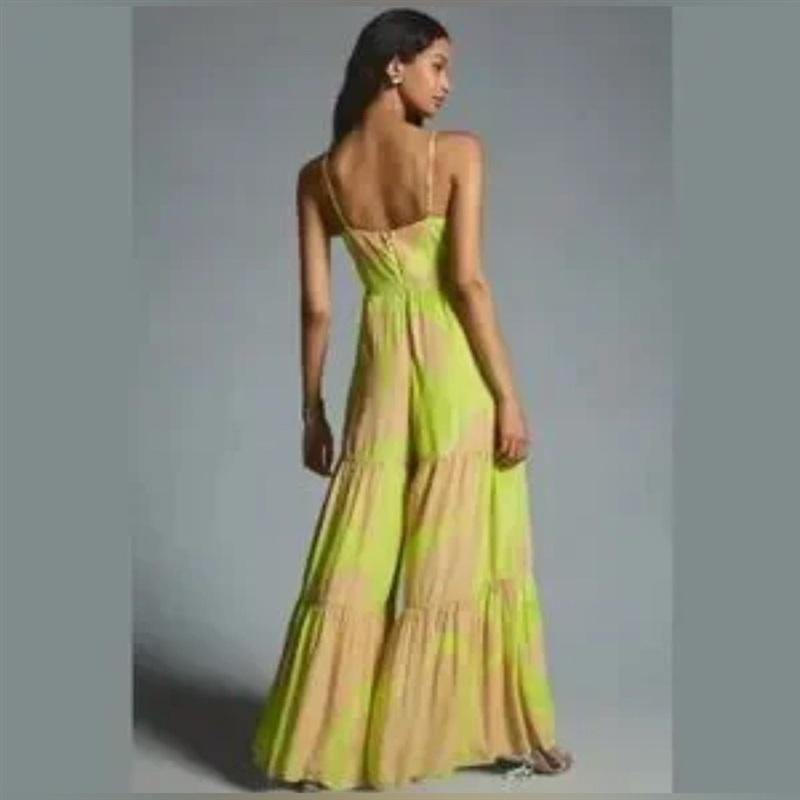 NWOT Anthropologie Hutch 10 Bow Front Wide Leg Jumpsuit tan/lime green 133649