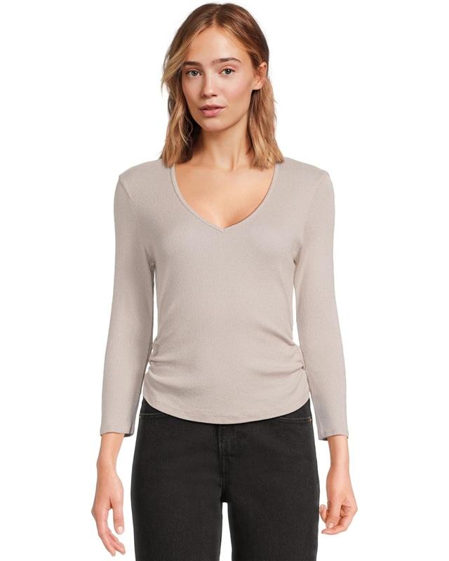 NWOT Michael Stars L Sylvie V-Neck Shirred Sides Tee Olive Green 133670