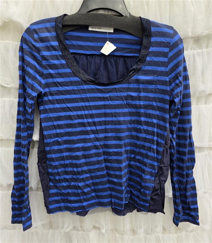 NWT Sacai Luck SZ 1 Stripe Pocket Mixed Cloth Top Blue Black 133674