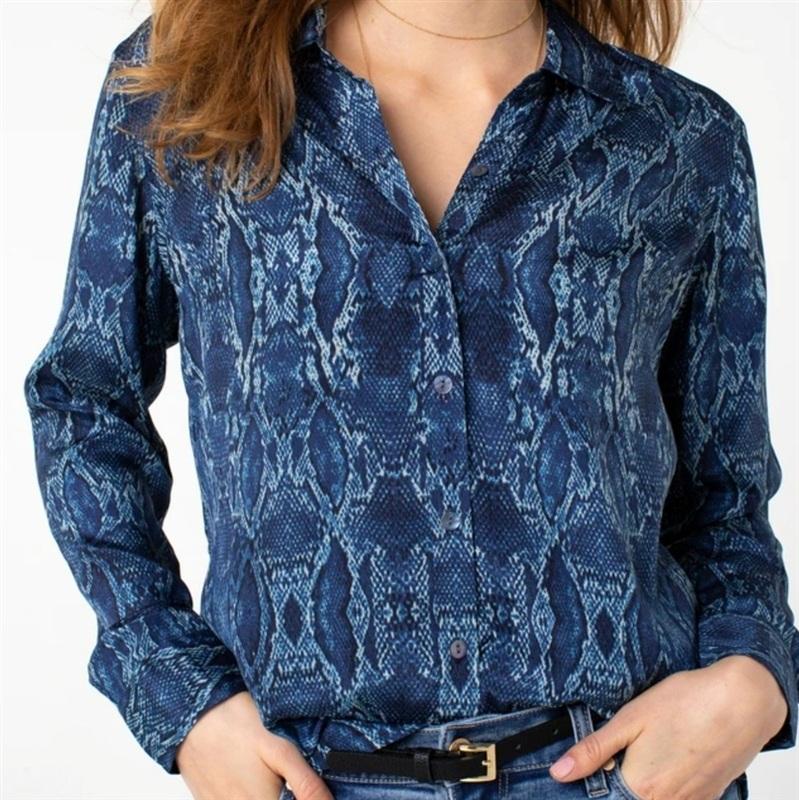 NWT Liverpool S Snakeskin Button Up Long Sleeve Blue Top 133678