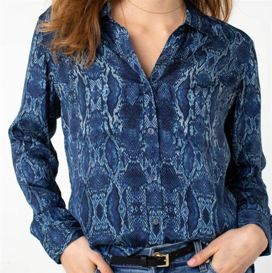 NWT Liverpool S Snakeskin Button Up Long Sleeve Blue Top 133678