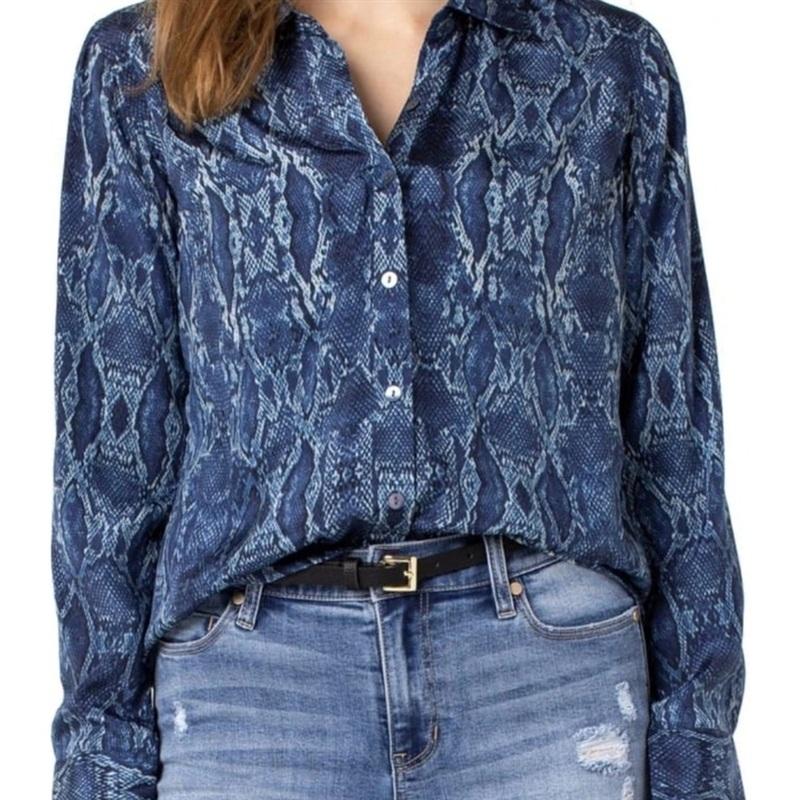 NWT Liverpool S Snakeskin Button Up Long Sleeve Blue Top 133678
