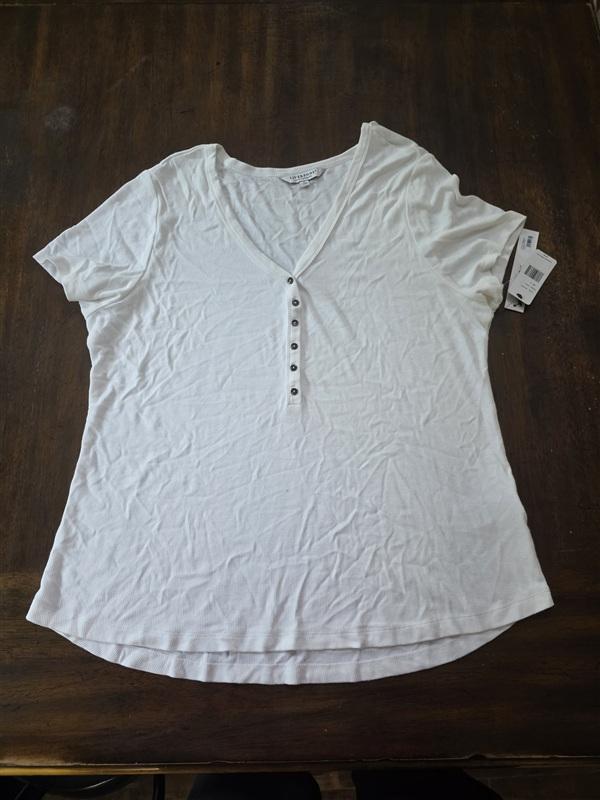 NWT Liverpool XL Henley Short Sleeve Ribbed Cream T Shirt 133681