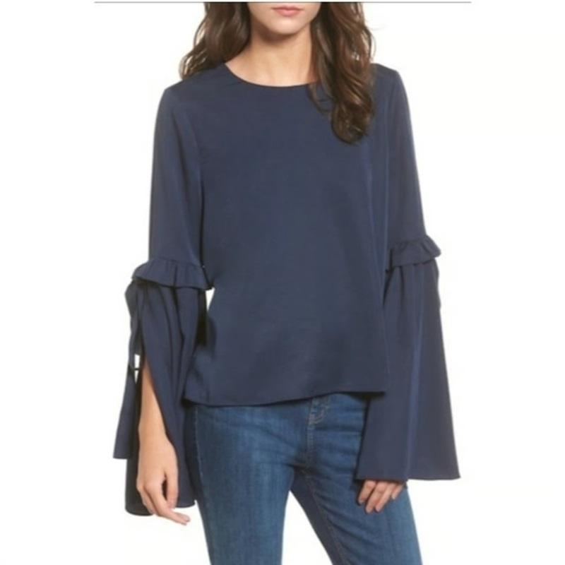 NWT Anthropologie J.O.A. Small Tie Bell Sleeve White Pinstripe Blouse 133682