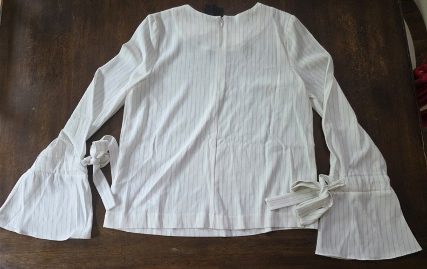 NWT Anthropologie J.O.A. Small Tie Bell Sleeve White Pinstripe Blouse 133682