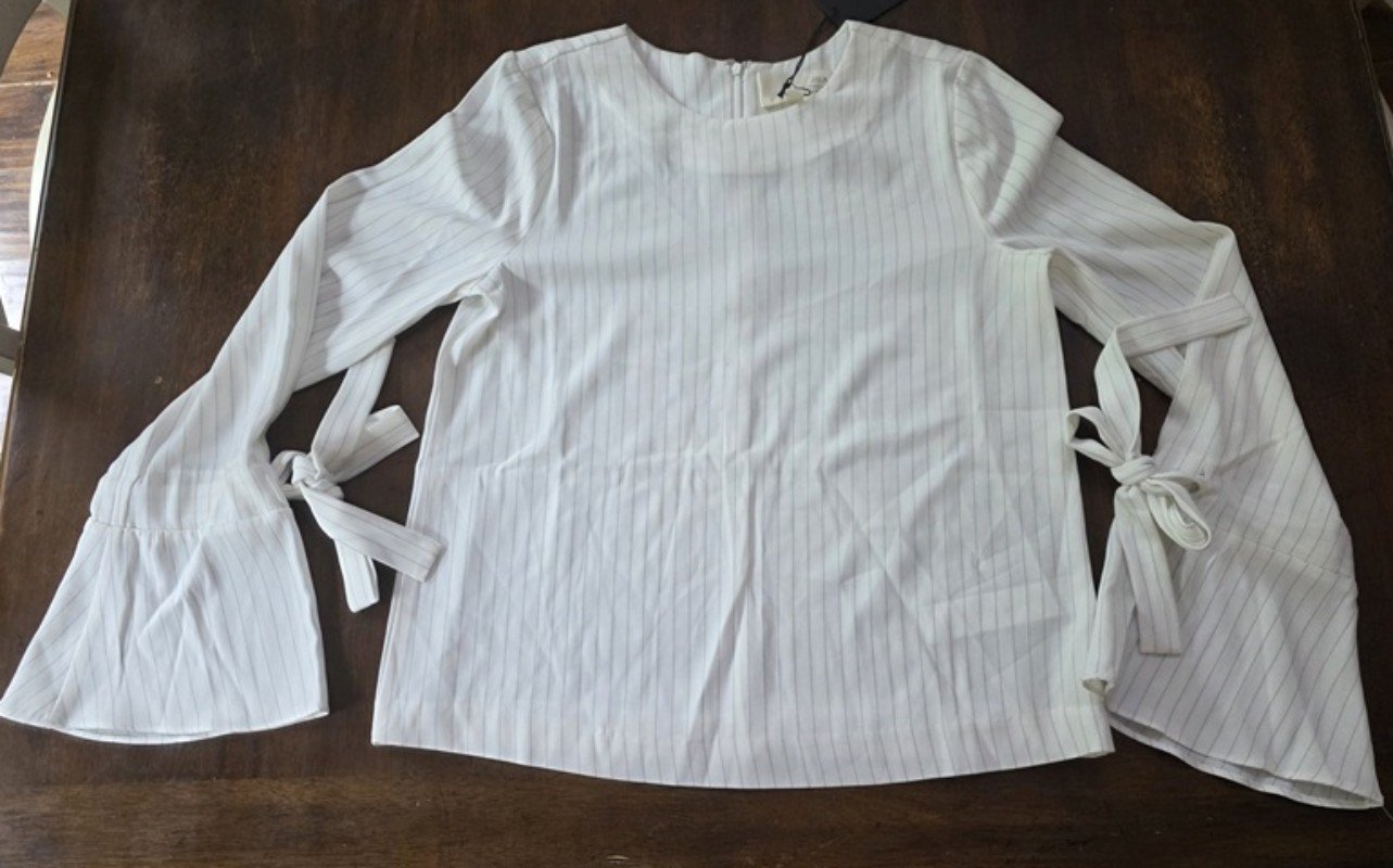 NWT Anthropologie J.O.A. Small Tie Bell Sleeve White Pinstripe Blouse 133682