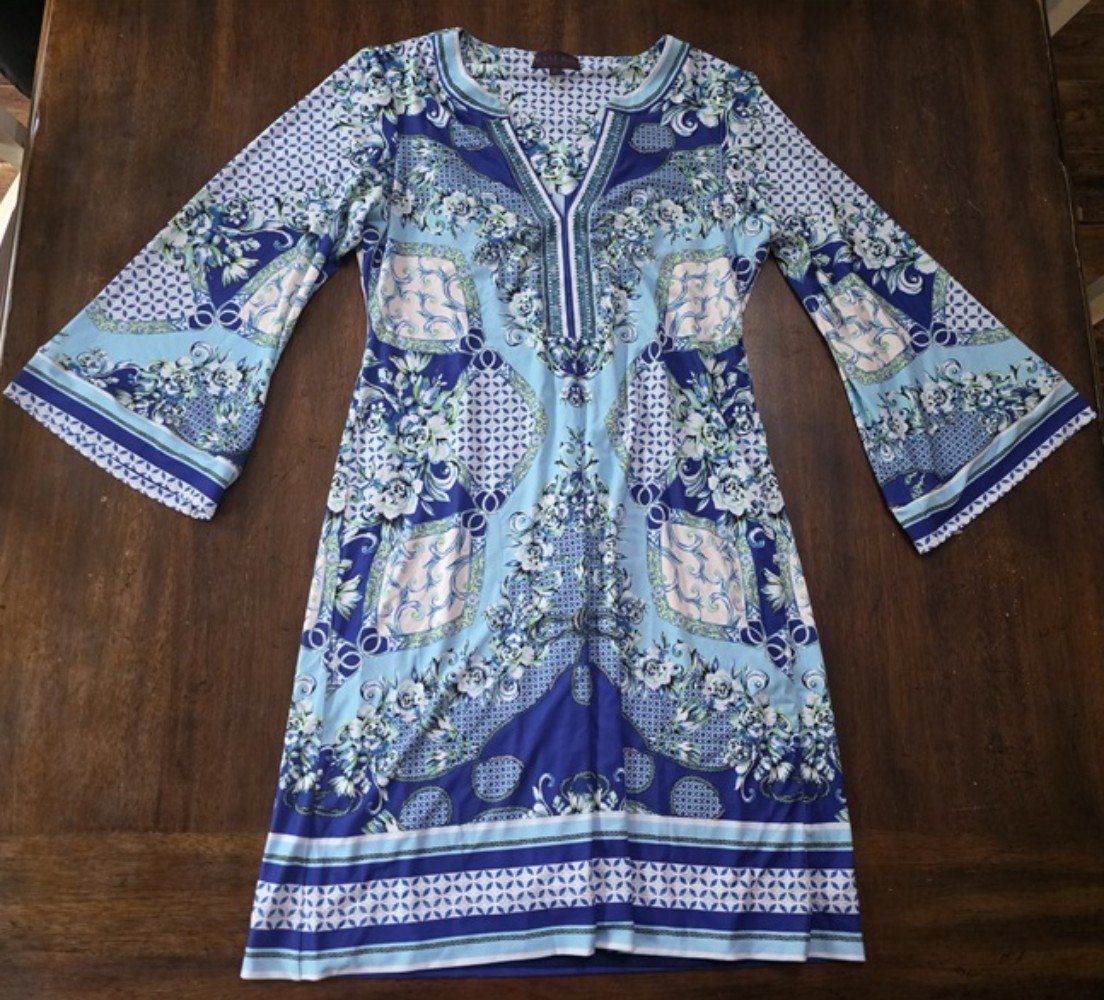 NWOT Hale Bob S Jersey Baroque Roses Scarf Print Dress Beaded V Neck 133687