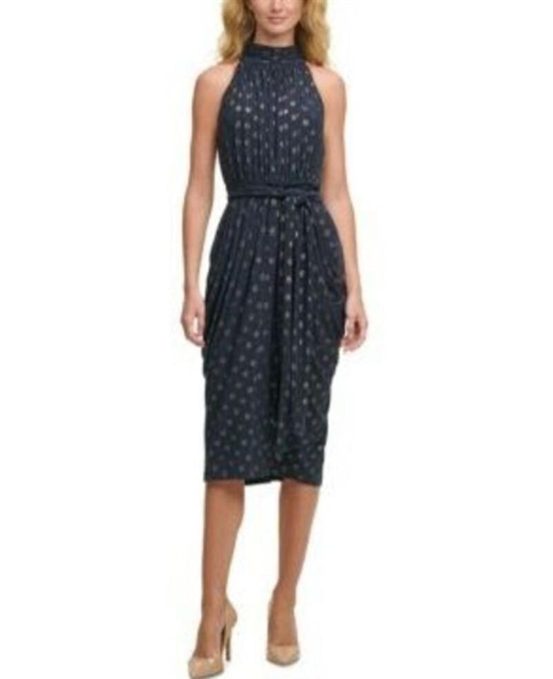 NWOT Tommy Hilfiger 10 Blue Gold Polka Dot High Neck Sleeveless Dress 133689